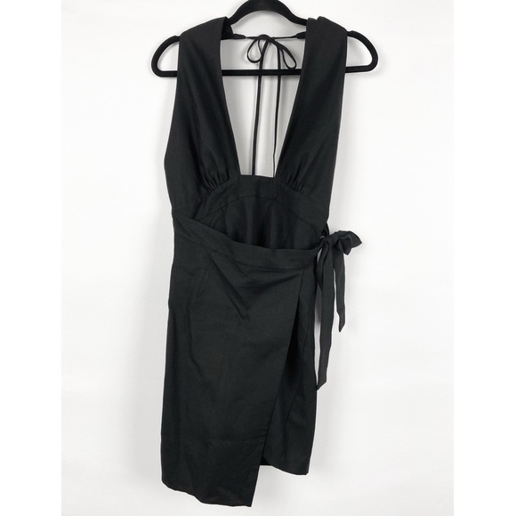 Shona Joy Morgan Crossover Mini Dress Black Wrap Linen Halter Cocktail Party - 6 - Picture 3 of 11